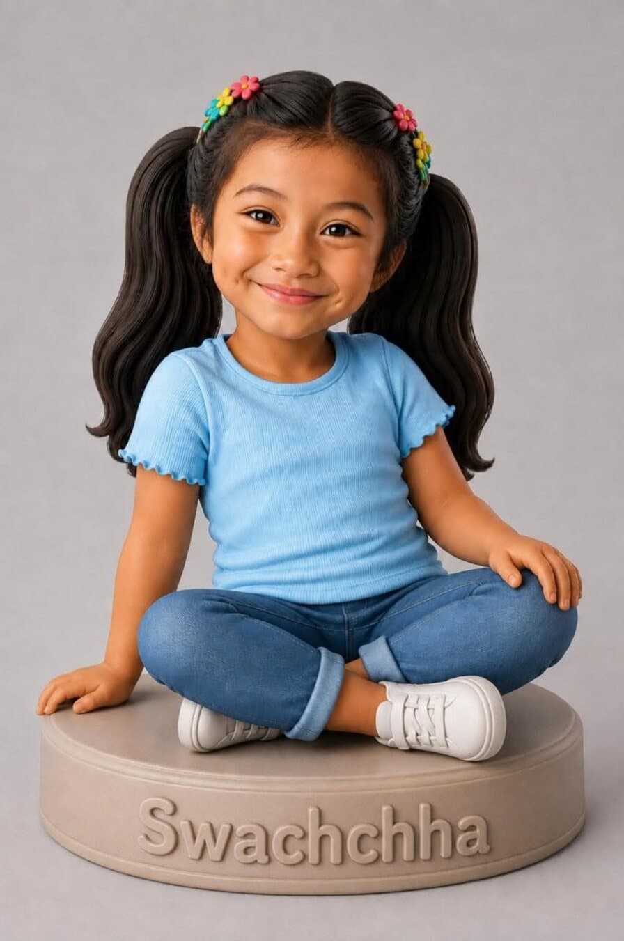 Hand-painted 3D printed figurine of a young girl sitting cross-legged on a round base engraved with her name